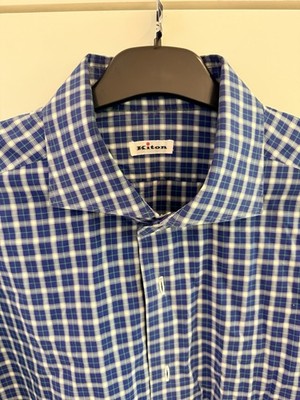 Kiton LS Button Up Shirt Mens Sz 17.5/44 Blue & White Gingham Plaid Modern Italy