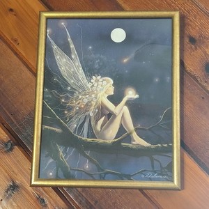 Framed Fairy Fantasy Art Print Poster, Night Scene, Gold Frame