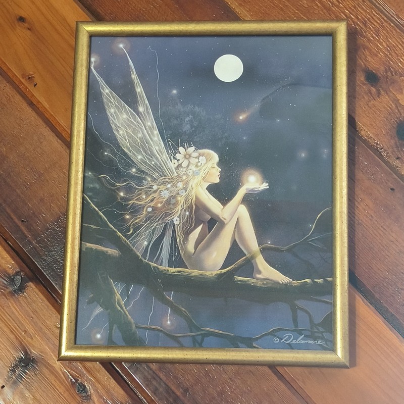 Framed Fairy Fantasy Art Print Poster, Night Scene, Gold Frame