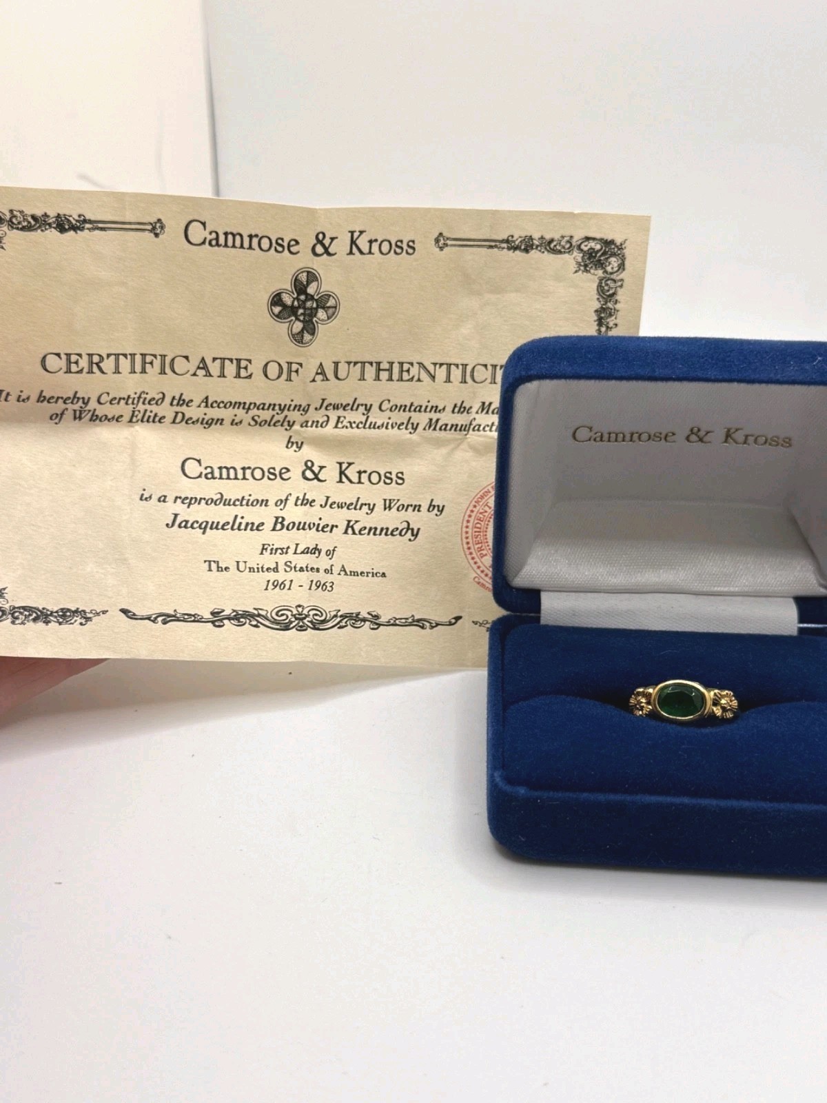  Vintage Camrose Kross JBK Ring Green Rhinestone Gold Tone  COA Size 5