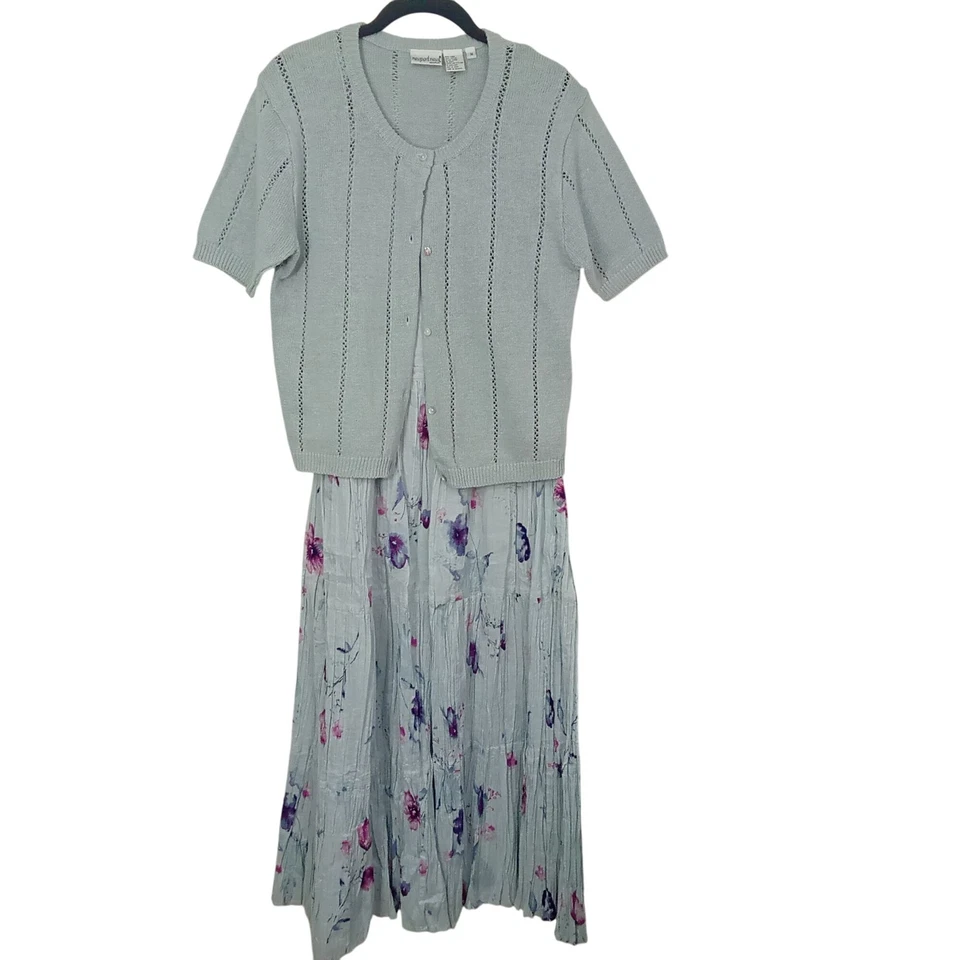 Vintage 90s 2-pc Set Floral Tank Dress & Cardigan Sweater Knit Linen Cotton M/L - Image 4 of 4