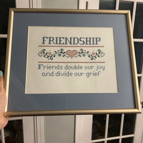 Vintage Framed Cross Stitch Friendship Heart Finished Brushed Gold Metal 13"X11"