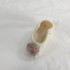 Vintage Porcelain Baby Shoe Figurine Pink Floral Rose Pattern Bisque Decor