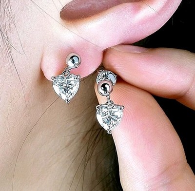 7 Ct Treated Certified Heart Shape  White Diamond Stud Earrings, 925 Silver