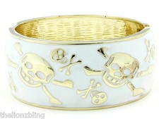 Gothic Punk Biker Hinged Bangle Bracelet Gold with White Skulls 