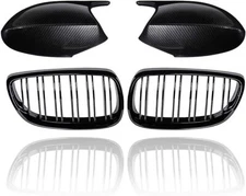 Black Kidney Grille Carbon Fiber Mirror Cover For 2006-10 BMW E92 E93 328i Coupe