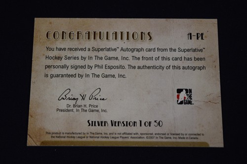 Phil Esposito 2007-08 In the Game Superlative Autograph Signature Silver /50 - Picture 2 of 2