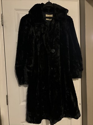 Vintage Hudsons Fabric Faux Black Fur Jacket Coat Jeweled CLASP M L