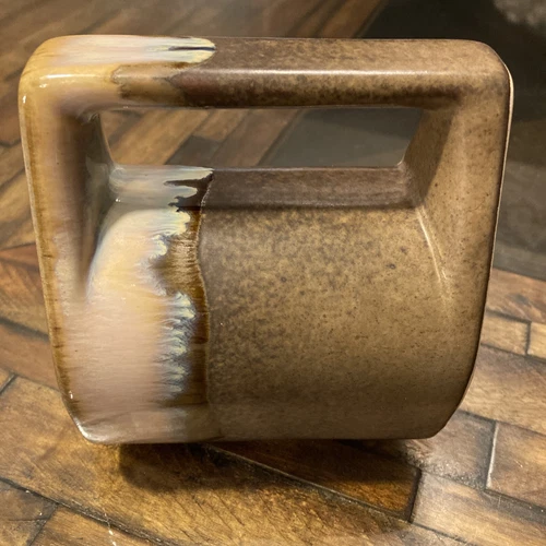 Padilla Signed Pottery Coffee Mug Flat edge Unique Drip Glaze Brown Stoneware