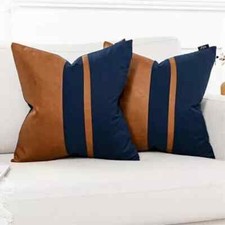 Set of 2 Navy and Brown 18 x 18-Inch Brown Leather Navy Blue Cotton