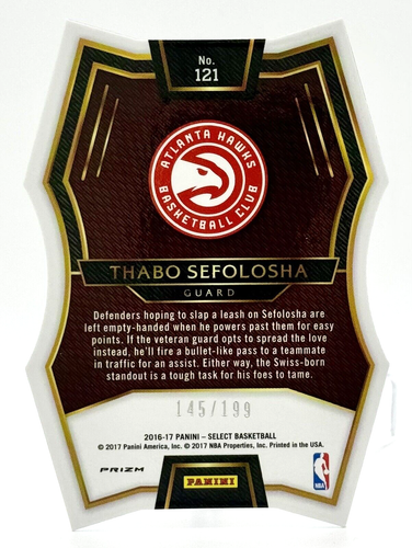 2016-17 Select Light Blue Prizm Die-Cut #121 Thabo Sefolosha /199 Atlanta Hawks - Picture 2 of 2