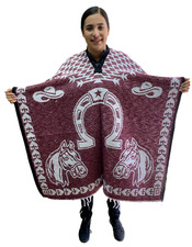 MEXICAN PONCHO , HORSE , HORSESHOE , BLANKET GABAN , ONE SIZE , BURGUNDY