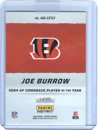 Joe Burrow 1 of /655 Panini Instant 2024 NFL AP Comeback Player of the Year - Picture 4 of 4