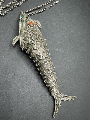 Chinese Export XL coral articulated mouth Koi fish 1940 s sterling pendant Neckl