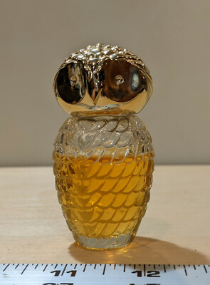 Vintage Avon glass owl perfume bottle with gold tone owl cap, mostly full 