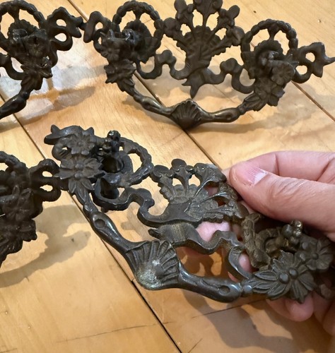 Antique Ornate Victorian Peacock Solid Brass Drawer Cabinet Pulls Set 4 Hardware - Picture 5 of 17