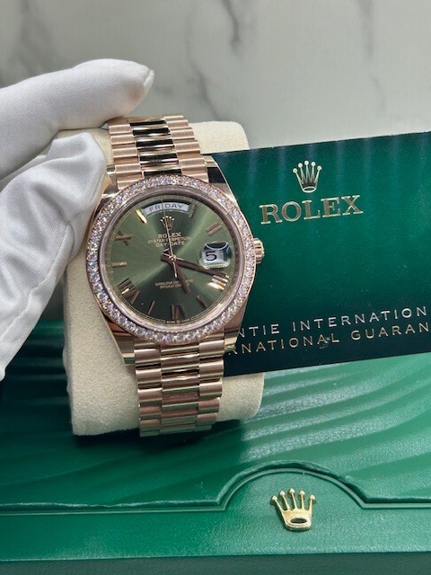 Rolex Day-Date 40mm Rose Gold Anniversary Olive Factory Diamonds