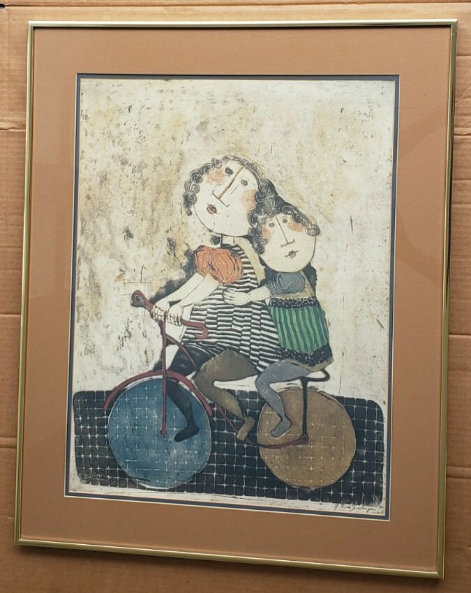 Vintage Signed GRACIELA RODO BOULANGER Girls on Bicycle Lithograph