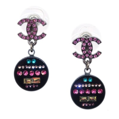 Chanel Dangle Pierced Earrings Rhinestone Black 11P 174495 | eBay