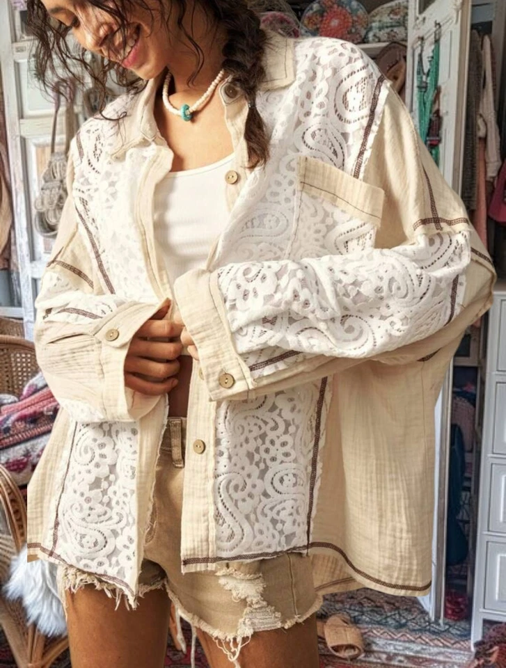 Free people Blanco/Beige Algodón Encaje Bohemio Boho Camisa Top Chaqueta Estilo XL Foto 3 de 4