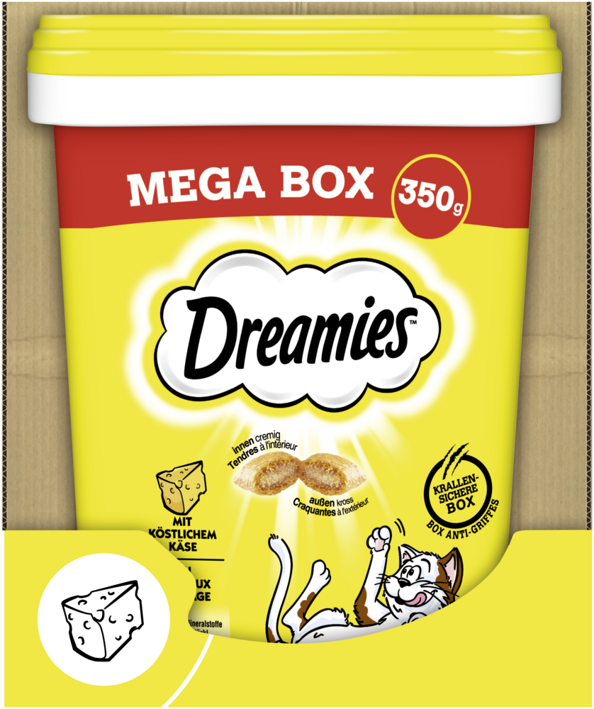DREAMIES Mega Box Käse 4x 350g - Katzensnacks Mit Doppelter Textur & Vitaminen