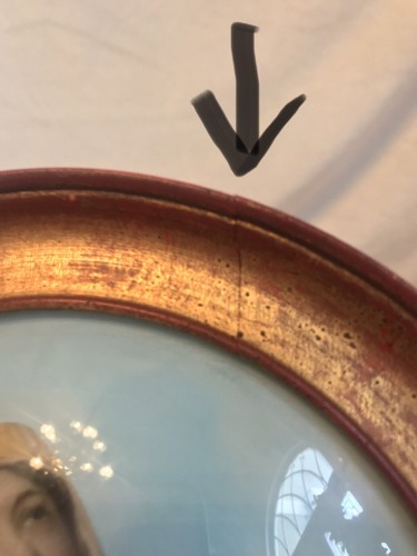 Antikes italienisches RÜCKSEITENGEMÄLDE GLAS UM 1800, RELIGIÖSES MÄDCHEN DAME, Holz 7,5" Durchmesser - Bild 11 von 12