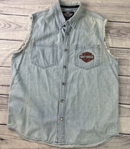 Harley Davidson Shirt Vest Mens XL Button Up Cut Off Frayed Sleeve Biker Logo