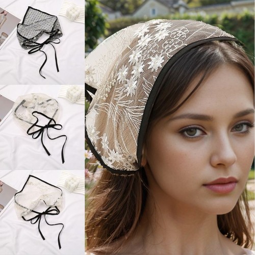 Summer Women Triangle Scarf Lace Gauze Embroidery Floral Turban Girl Kerchief - Picture 1 of 9