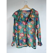 Vtg 90's GITANO Colorful Gauzy Floral Ruffled Long Sleeve Shirt Size Small 