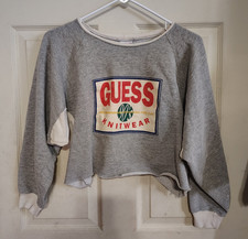 90s GUESS Gray Cropped Crewneck Pullover Fleece Sweatshirt Logo - One Size
