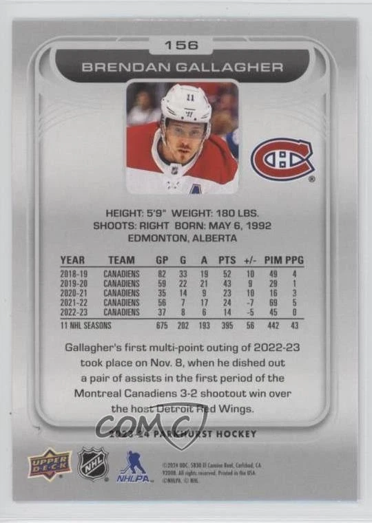 2023-24 Upper Deck Parkhurst Gold Patterned Foil Brendan Gallagher #156 - Image 2 of 2