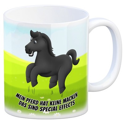 Kaffeebecher mit schwarzes Pferd Motiv und Spruch: Mein Pferd hat keine Macken,