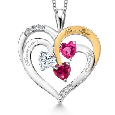 Rhodium Plated Pink Created Sapphire Pendant with Chain Set with Moissanite