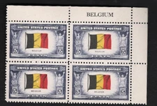 U.S. SC#  914 Flag of Belguim Plate Block of 4 MNH