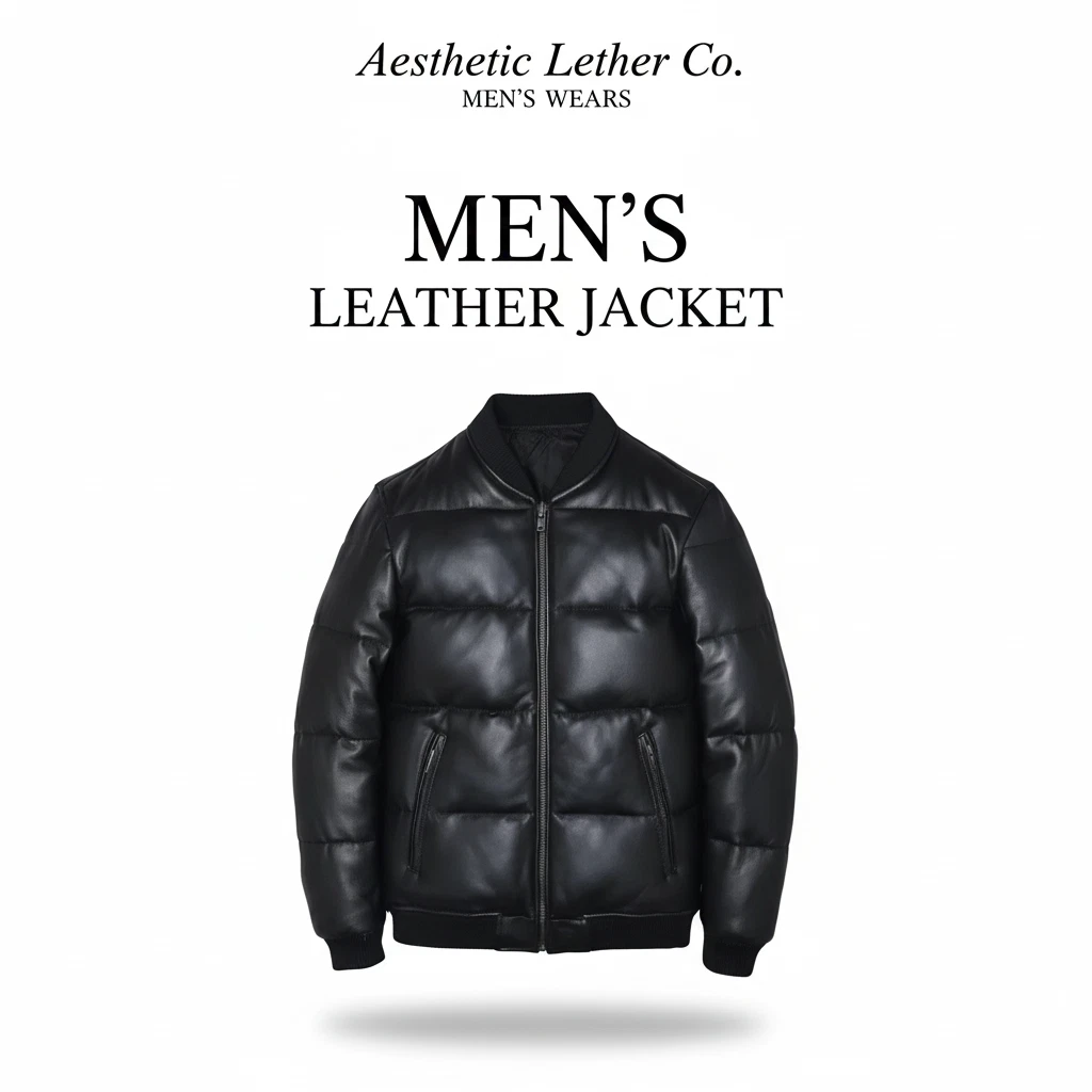 Men’s Black Lambskin Leather Bomber – Quilted Down Puffer Jacket