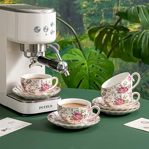 Tea Cup and Saucers, 6.4oz Floral Tea Cups with Gold Trim, Porcelain Bone White