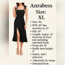 NWOT Black Sleeveless Midi Dress – XL (Anrabess) Adjustable Tie Straps