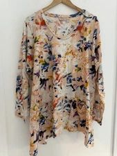 LOGO Lori Goldstein Slubbed Watercolor Artsty Asymmetric Abstract Tunic Top 3x