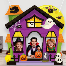Haunted House Black Purple Photo Frame Backdrop, 71X71 Fabric
