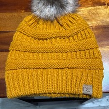 Knit Faux Fur Pom Pom Beanie Hat D Y - Mustard