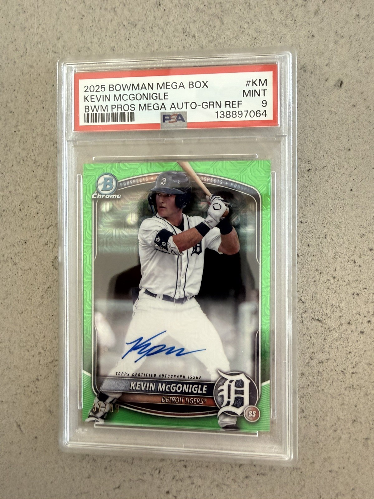Kevin McGonigle Green Auto #/99 2025 Bowman Chrome Mega Box #KM- PSA 9