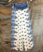 100 Rayon Blue/ White Paisley Palazzo Wide Leg Split Front Boho Hippie Pants