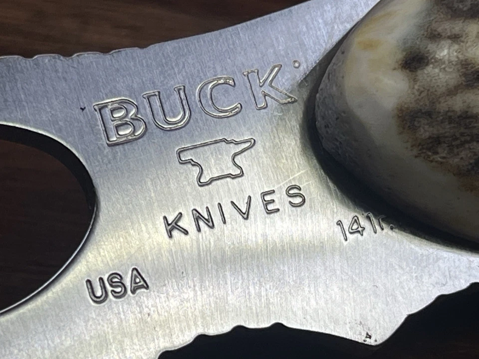 Custom USA BUCK 141 Paklite Elk Antler Handles + New Handmade Leather Sheath - Image 2 of 4