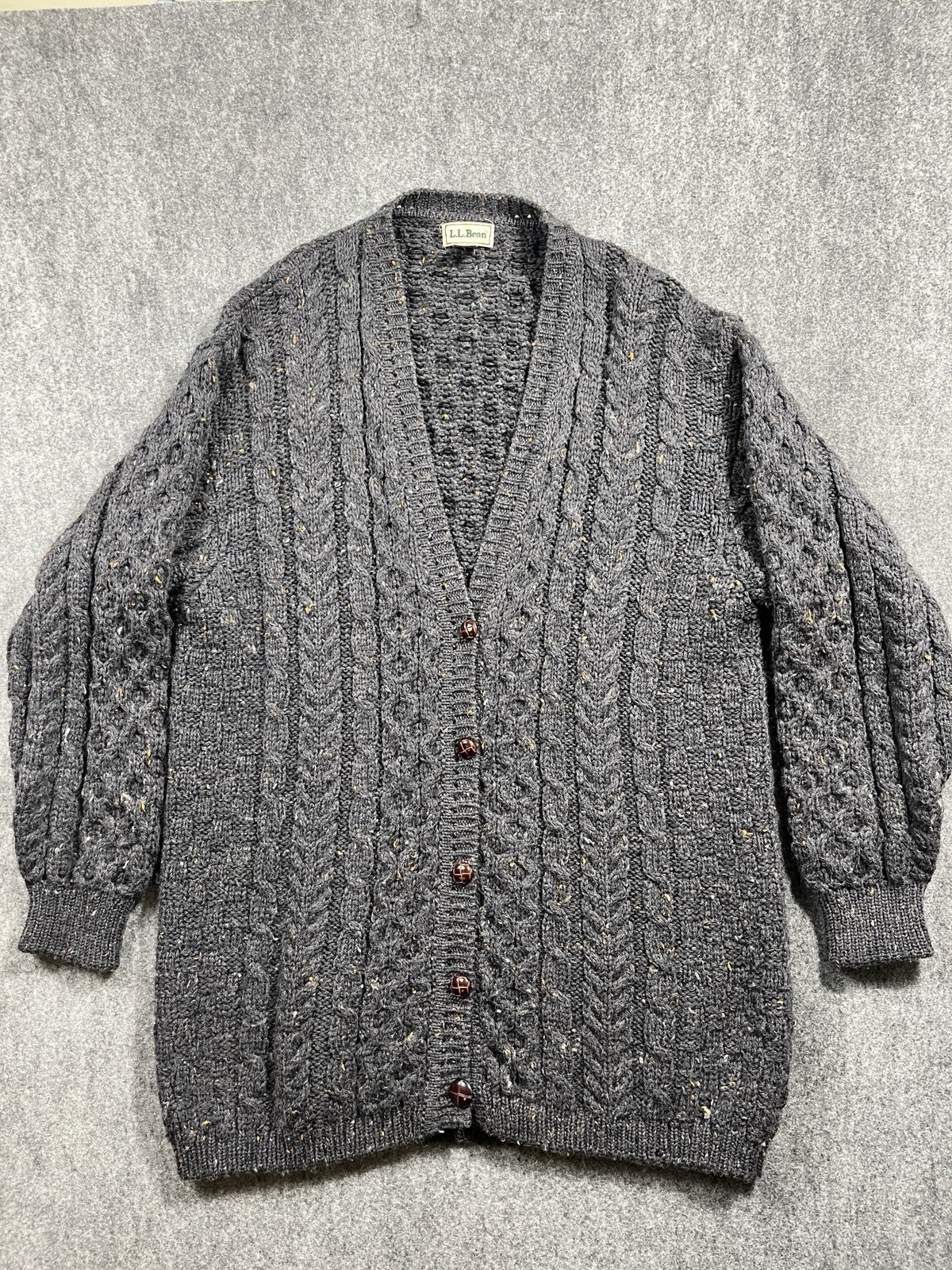 VTG LL Bean Wool Cable Knit Cardigan Sweater Women's Large Gray Ireland