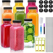 12oz Glass Bottles w/Lids 9pc Set Juice Water Bottles Straws Brush Gift for Wome