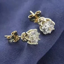 Solitaire Stud Earrings 2Ct Round Cut Simulated Diamond 14K Yellow Gold Plated