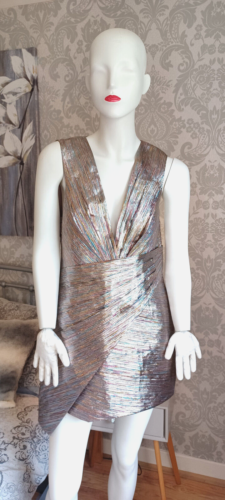 TOPSHOP Rainbow Silver Metallic Plunge Neck Wrap Style Dress [12] - Picture 1 of 4