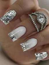 24pcs Square Silver Glitter Fake Nail Press On Nails False Nails Glue On Nails