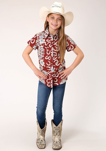 Roper Kids Girls Hawaiian Horseshoes Red 100% Cotton S/S Shirt - Picture 2 of 4