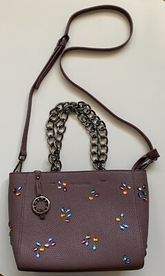 Suzy Levian Pebbled Faux Leather Rhinestone Satchel Handbag Purple  NEW